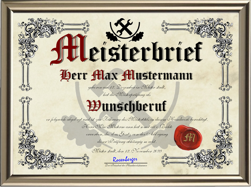 Meisterbrief XL der Handwerkskammer mit Wunschberuf - Classic A3 im Querformat