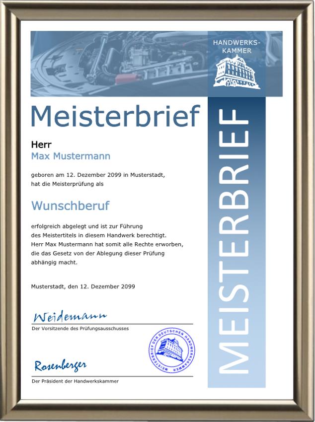 Meisterbrief für das KFZ-Handwerk