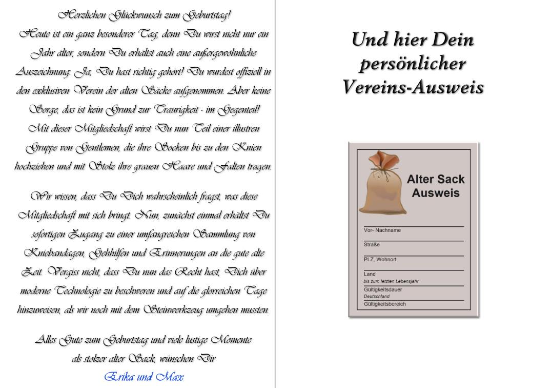 Verein alter Säcke - Glückwunschkarte, incl. Ausweis & Umschlag