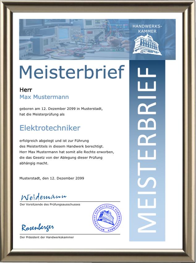 Meisterbrief für einen Elektrotechniker im blauen Design