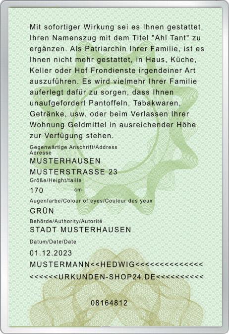 Verein der Ahl Tant - Glückwunschkarte, incl. personalisierten Ausweis & Umschlag