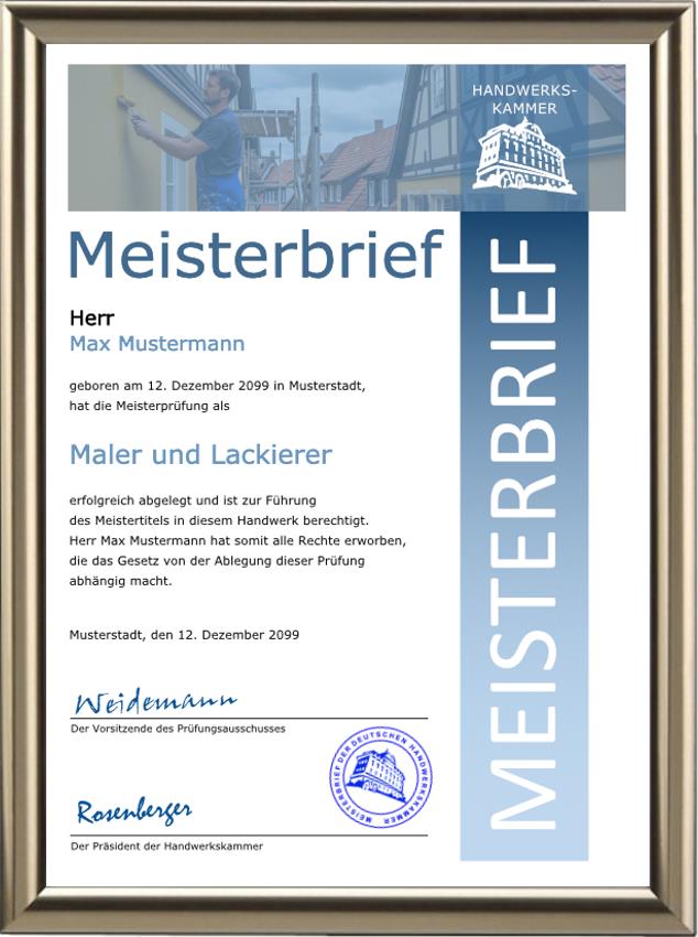 Meisterbrief für einen Maler und Lackierer im blauen Design