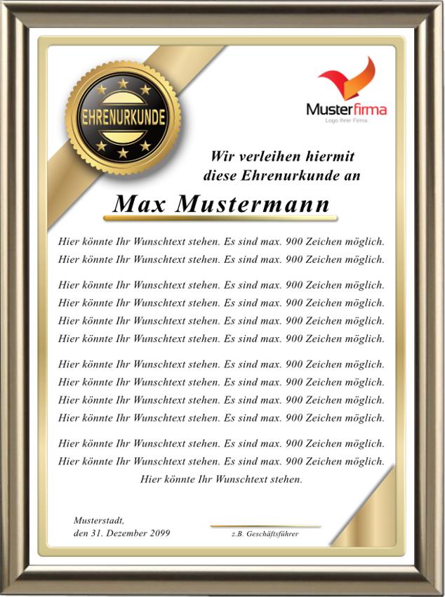 Ehrenurkunde für einen Mitarbeiter/eine Mitarbeiterin mit einem persönlichen Wunschtext
