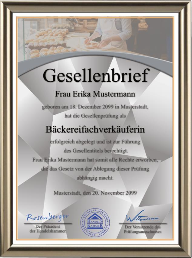 Hochwertiger Gesellenbrief für eine Bäckereifachverkäuferin