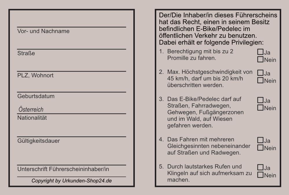 Pedelec/E-Bike Führerschein  für Österreich