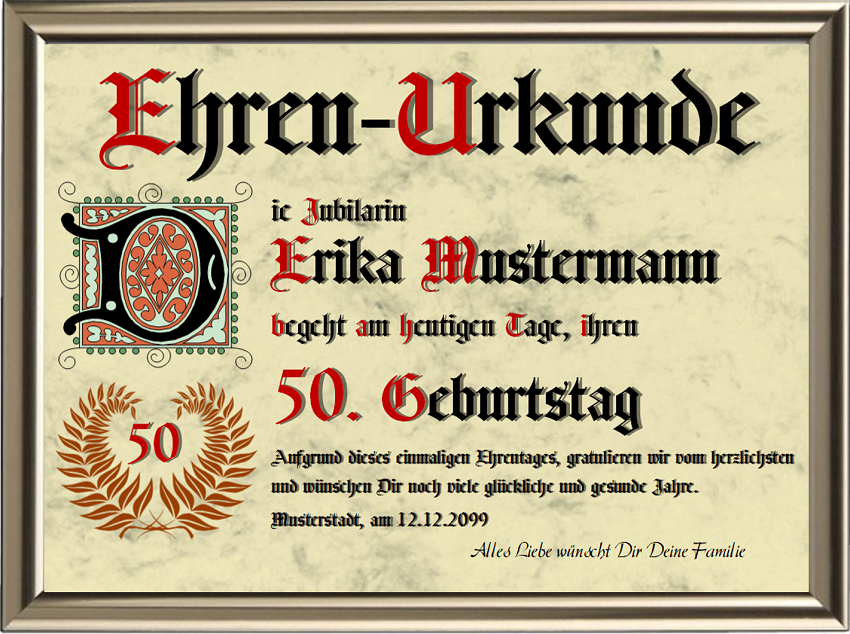Ehrenurkunde zum 50. Geburtstag