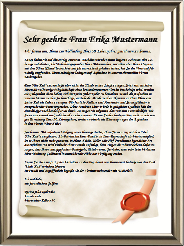 Aufnahmeurkunde in den Verein alter Kühe zum 50. Geburtstag, incl. Anhänger