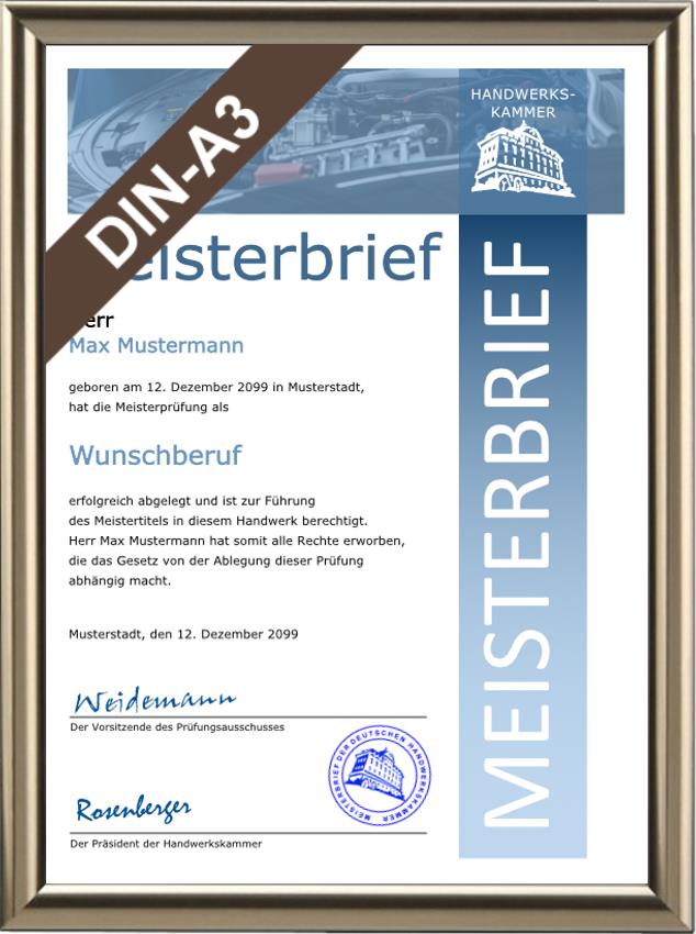 Meisterbrief für das KFZ-Handwerk im DIN-A3-Format