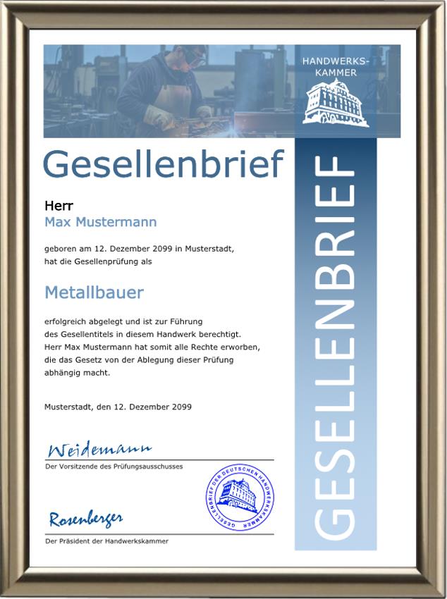 Gesellenbrief für einen Metallbauer im blauen Design