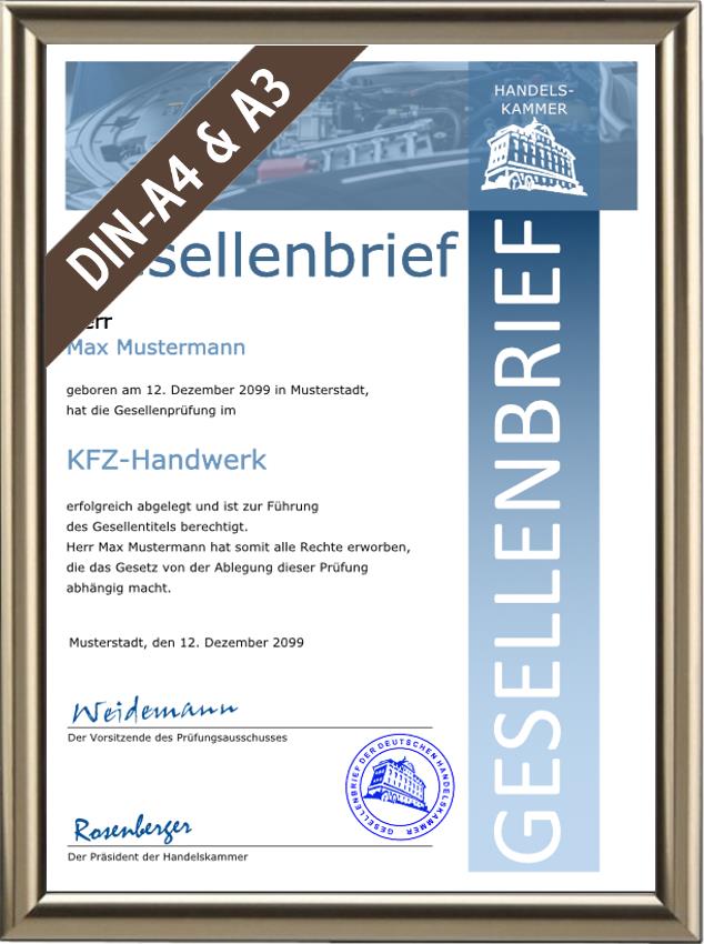 Gesellenbrief der Handelskammer für die Kfz-Branche - DIN-A3
