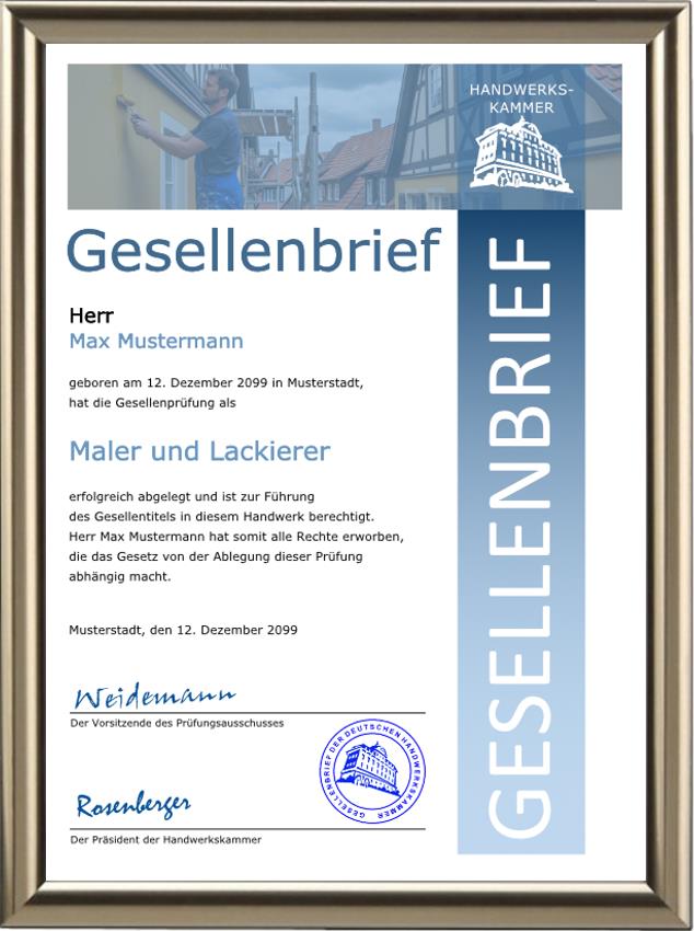 Gesellenbrief für einen Maler und Lackierer im blauen Design