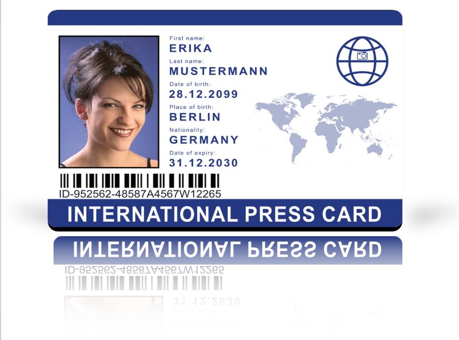 Internationaler Presseausweis als hochwertige Plastikkarte - Blau