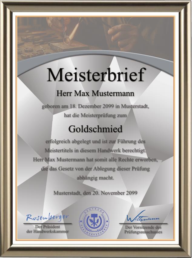 Hochwertiger Meisterbrief für einen Goldschmied