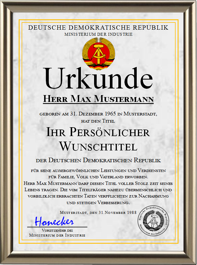 DDR - Persönlicher Wunschtitel, ausgestellt vom Ministerium des Inneren