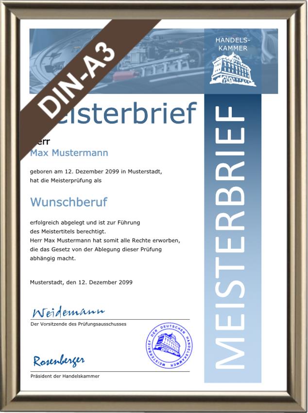 Meisterbrief für der KFZ-Branche im DIN-A3-Format