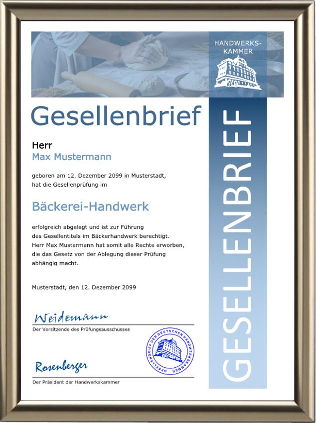 Gesellenbrief für alle Berufe im Bäckerei-Handwerk im blauen Design
