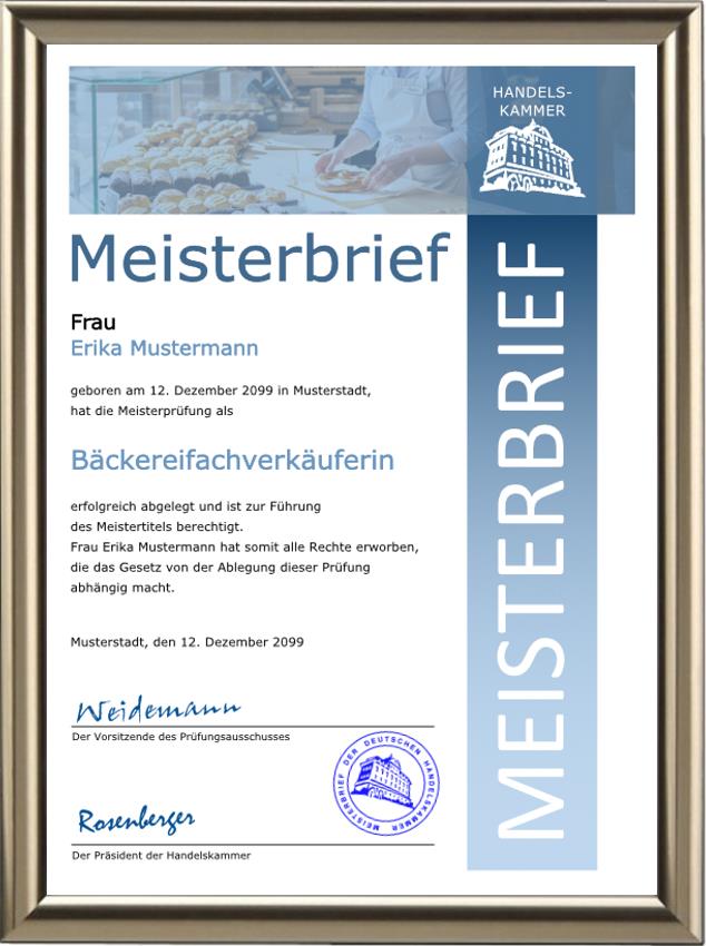 Meisterbrief für eine Bäckereifachverkäuferin im blauen Design