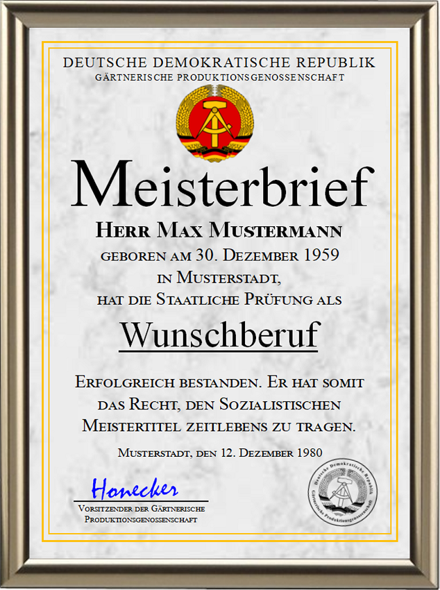 DDR - Meisterbrief der Gärtnerische Produktionsgenossenschaft