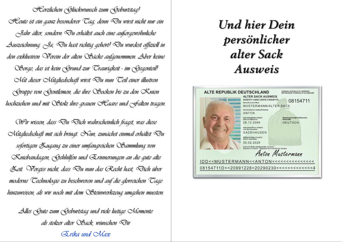 Verein alter Säcke - Glückwunschkarte, incl. personalisierten Ausweis & Umschlag