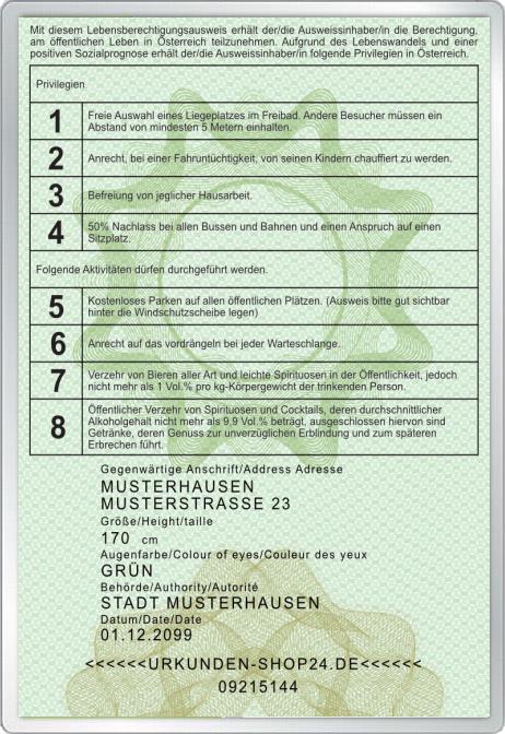 Lebensberechtigungsausweis für Österreich - Komplett personalisierbar