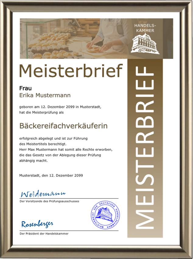 Meisterbrief für eine Bäckereifachverkäuferin im brauen Design