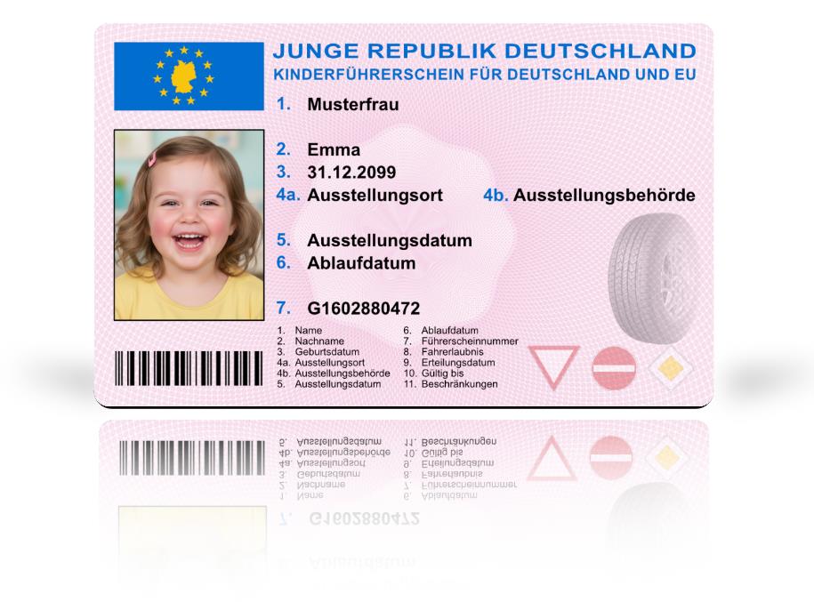 Kinderführerschein für ein Mädchen als hochwertige Plastikkarte