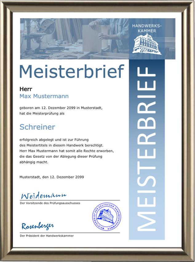 Meisterbrief für einen Schreiner im blauen Design