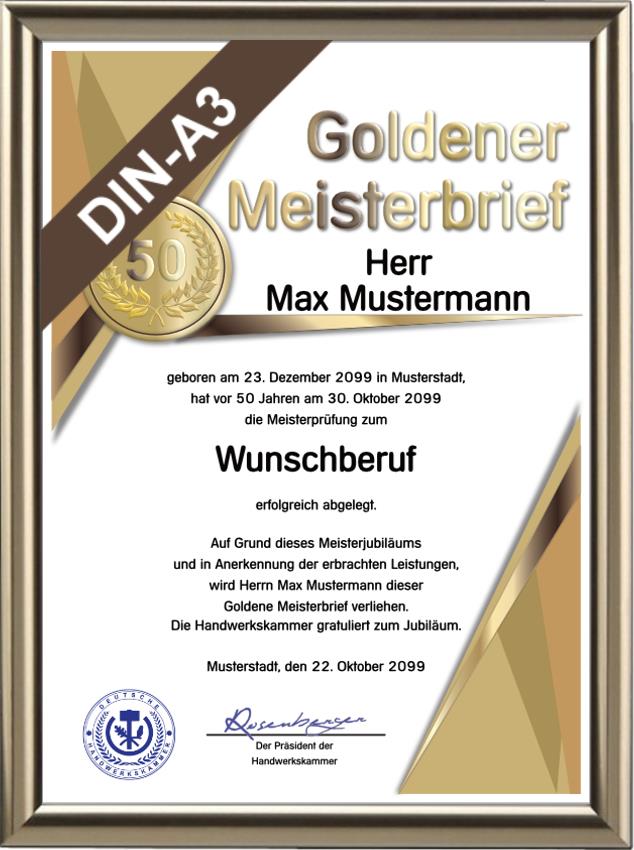 Goldener Meisterbrief deluxe der Handwerkskammer DIN-A3