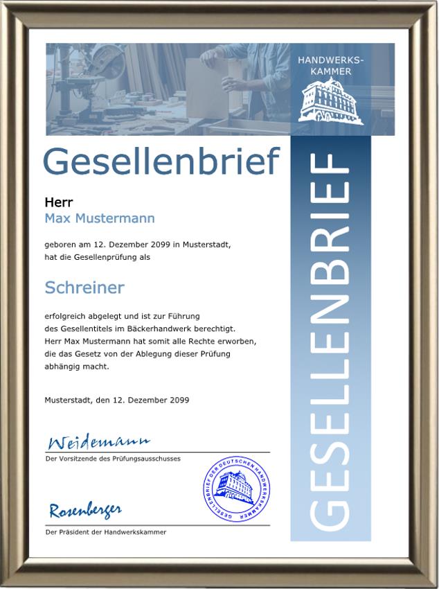 Gesellenbrief für einen Schreiner im blauen Design