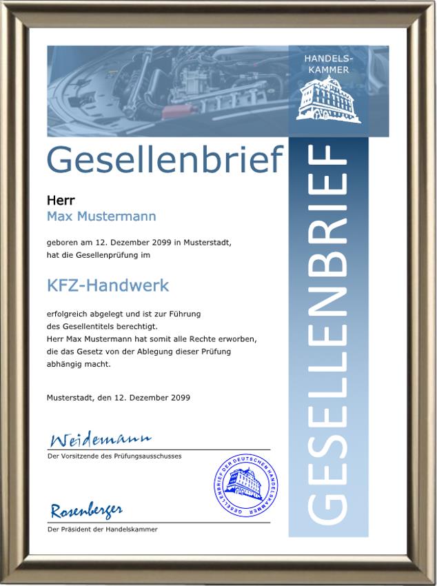 Gesellenbrief der Handelskammer für die Kfz-Branche