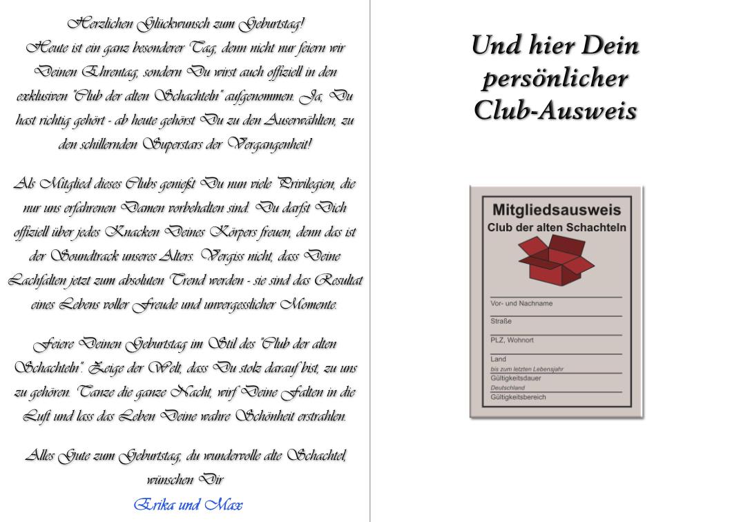Club der alten Schachteln - Glückwunschkarte, incl. Ausweis & Umschlag
