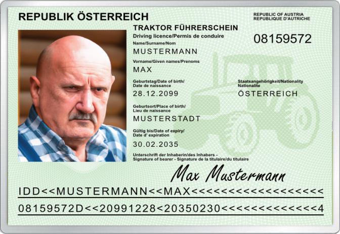 Traktor-Führerschein für Österreich - Komplett personalisierbar
